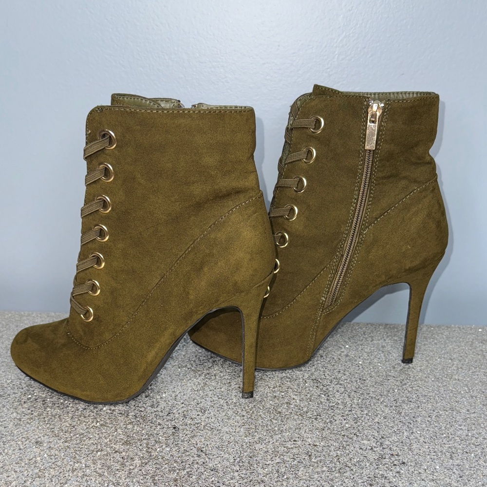 Anne Michelle Khaki Lace-Up Heeled Ankle Boots Size 8 - Picture 6 of 9